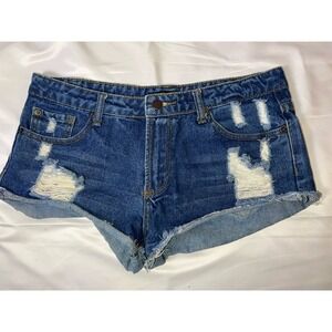 Forever 21 Women 27‎ Blue Denim Cut Off Cheeky Distressed 5 Pocket Shorts